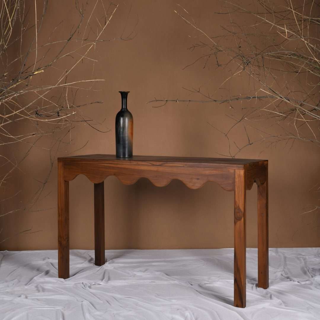 Scallop Teak Wood Console Table - Teak / Teakwood, cane and glass / L: 48’’ W: 18’’ H: 30’’ - Furniture