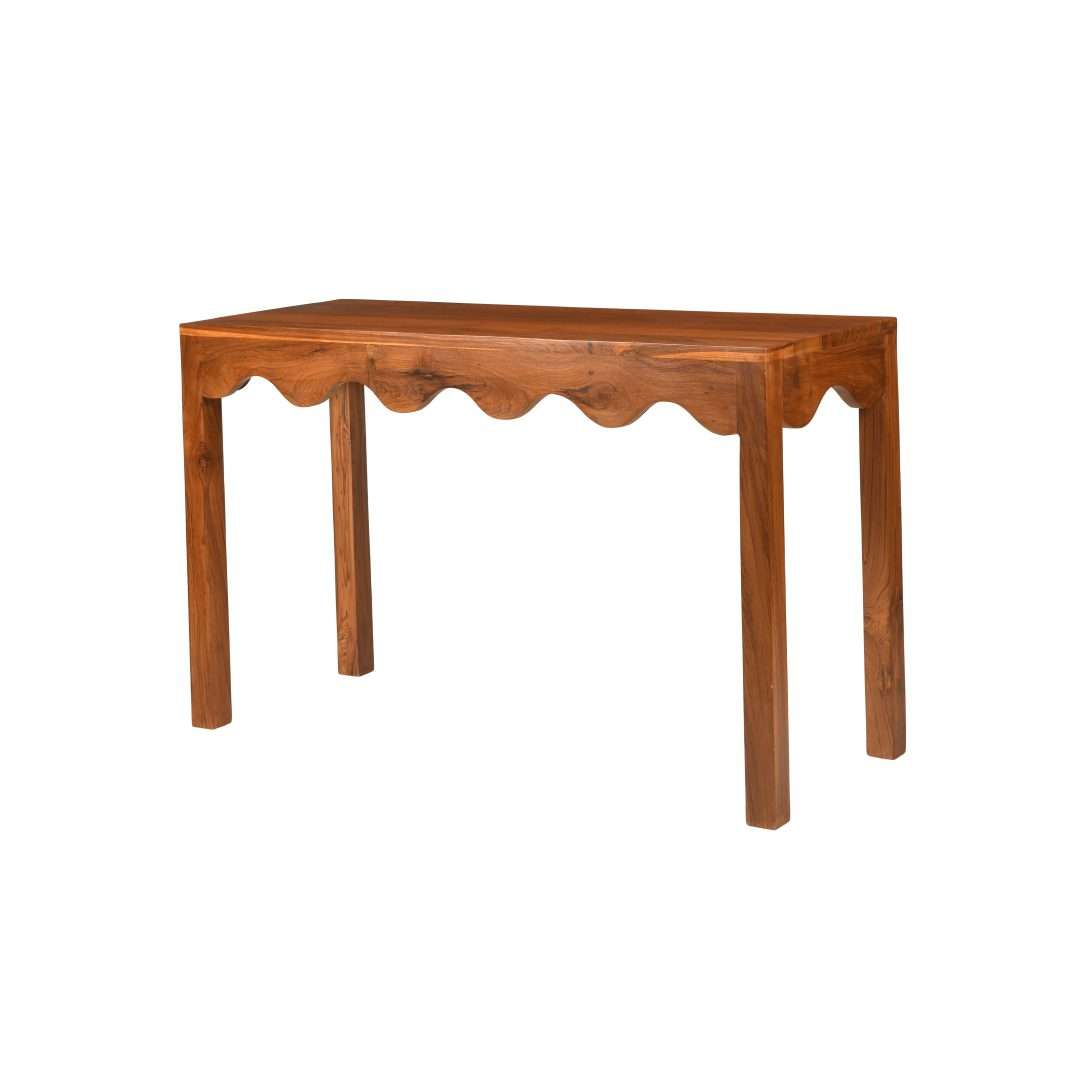 Scallop Teak Wood Console Table - Teak / Teakwood, cane and glass / L: 48’’ W: 18’’ H: 30’’ - Furniture