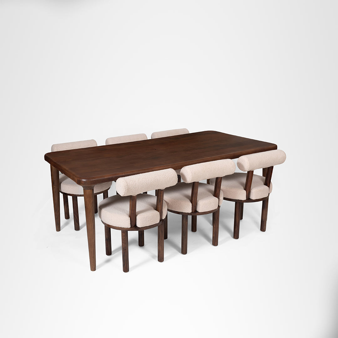 Scandi Dining Table Set Of 6 - Walnut and Pink / Acacia Wood / Table (L: 80’’ B: 39’’ H: 29’’) & Chair (W: 20’’ D: 20’’
