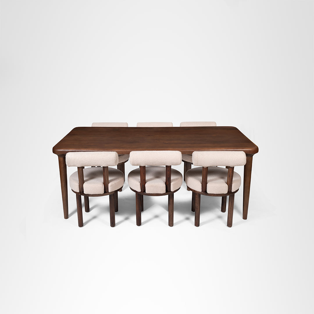 Scandi Dining Table Set Of 6 - Walnut and Pink / Acacia Wood / Table (L: 80’’ B: 39’’ H: 29’’) & Chair (W: 20’’ D: 20’’