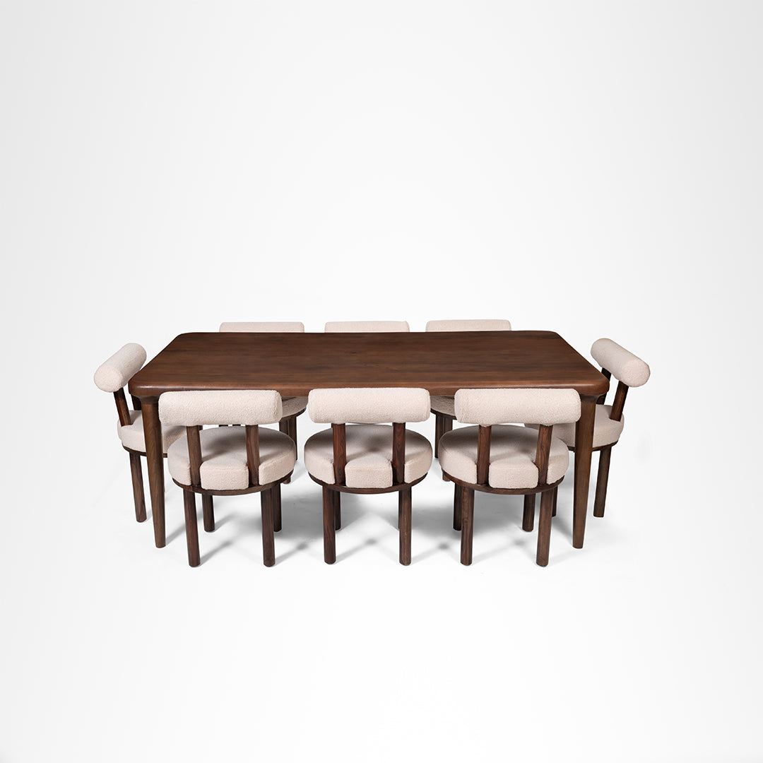 Scandi Dining Table Set Of 8 - Walnut and Pink / Acacia Wood / Table (L: 80’’ B: 39’’ H: 29’’) & Chair (W: 20’’ D: 20’’