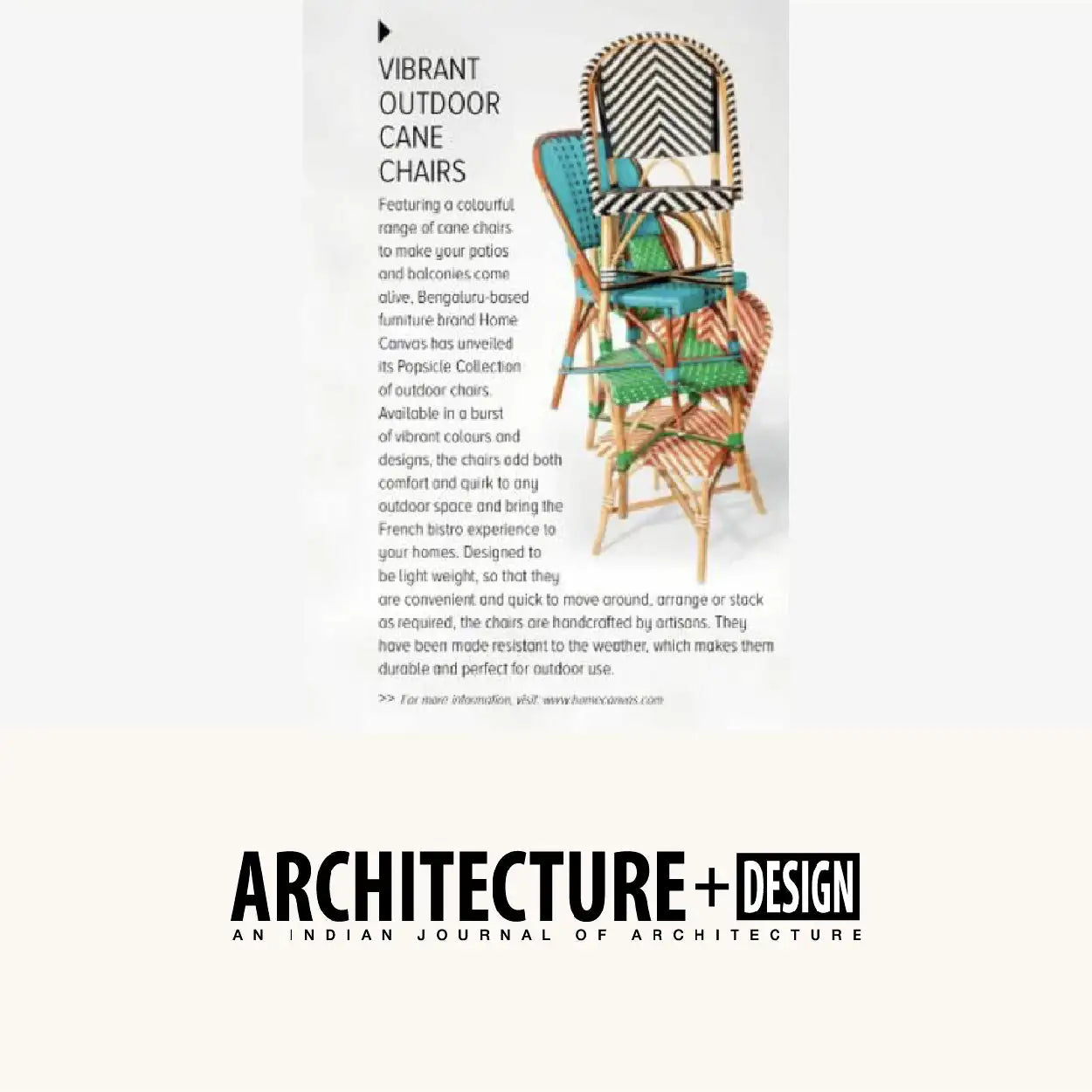 Vibrant outdoor cane chairs in bold, colorful patterns including black and white chevron, teal with green accents, and orange with brown stripes.