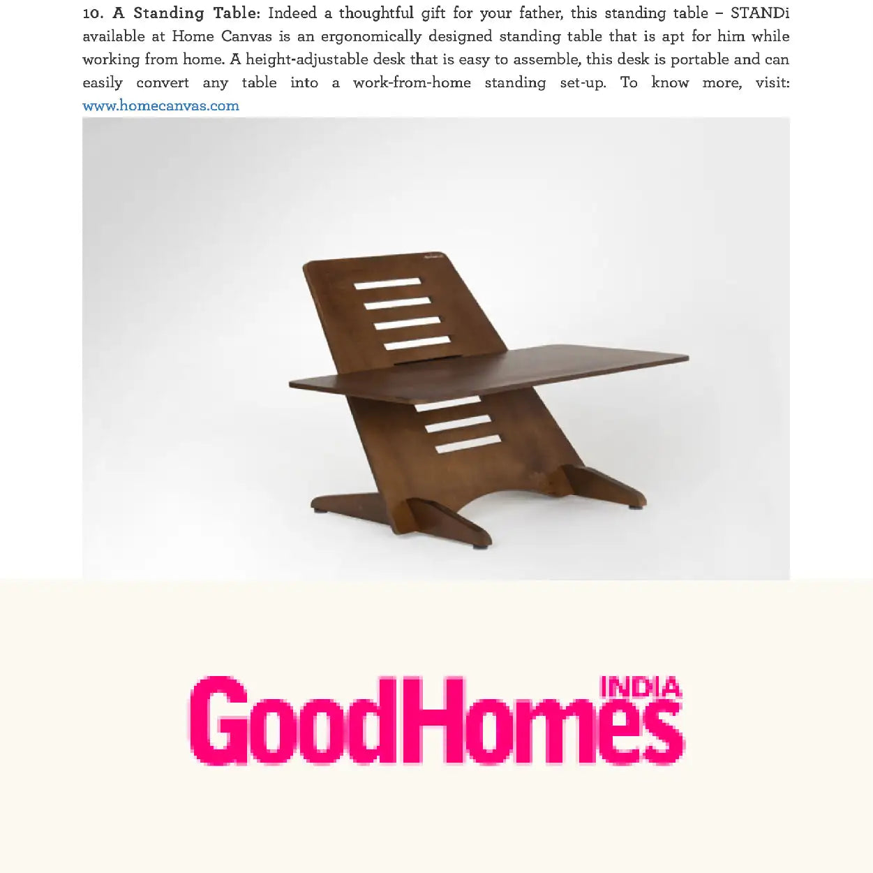 Brown wooden standing desk with a sleek, modern design featuring horizontal slats on the backrest and adjustable height for ergonomic work-from-home use.