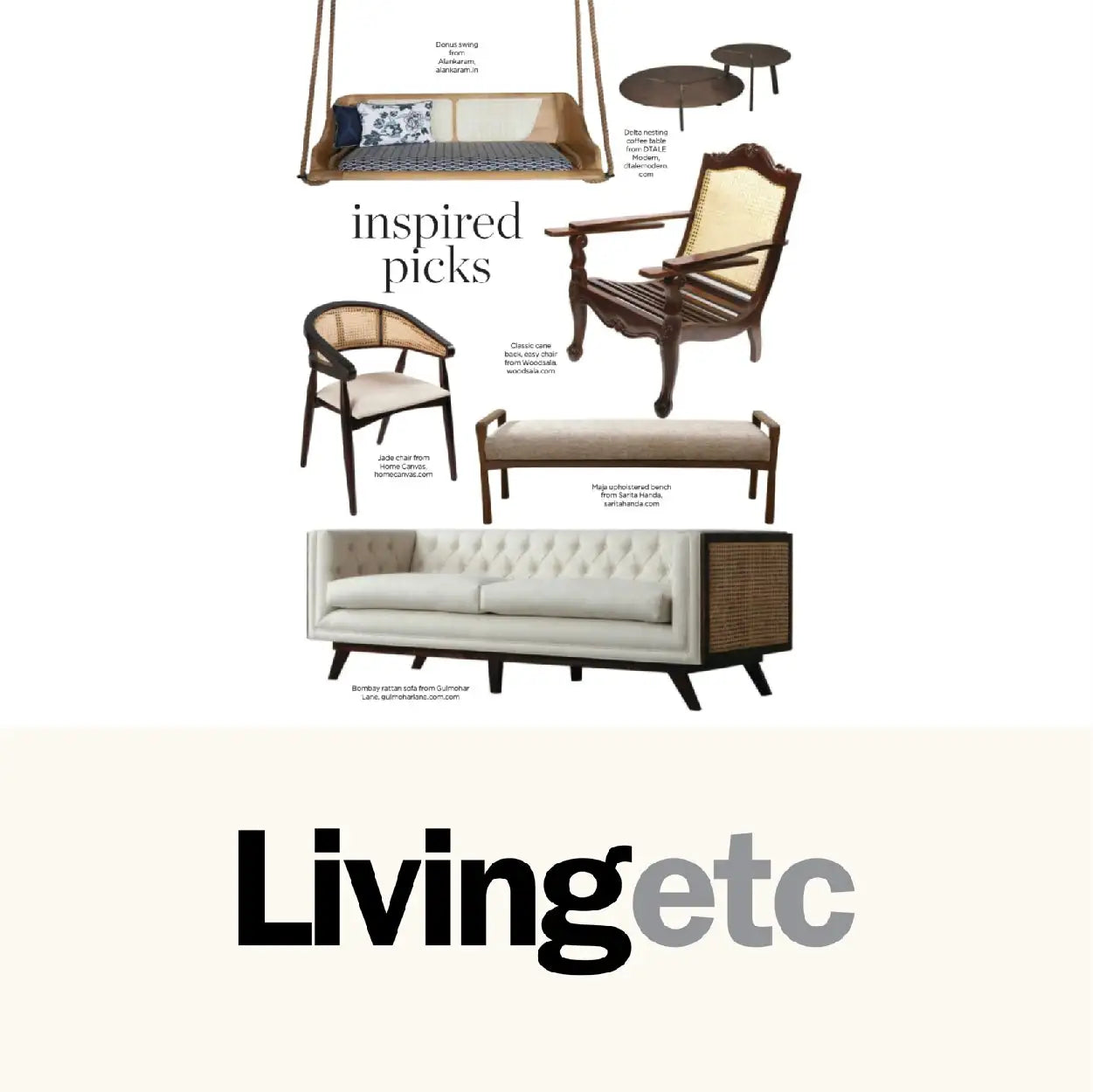 Cream-colored tufted sofa with dark wood legs and woven side panels.