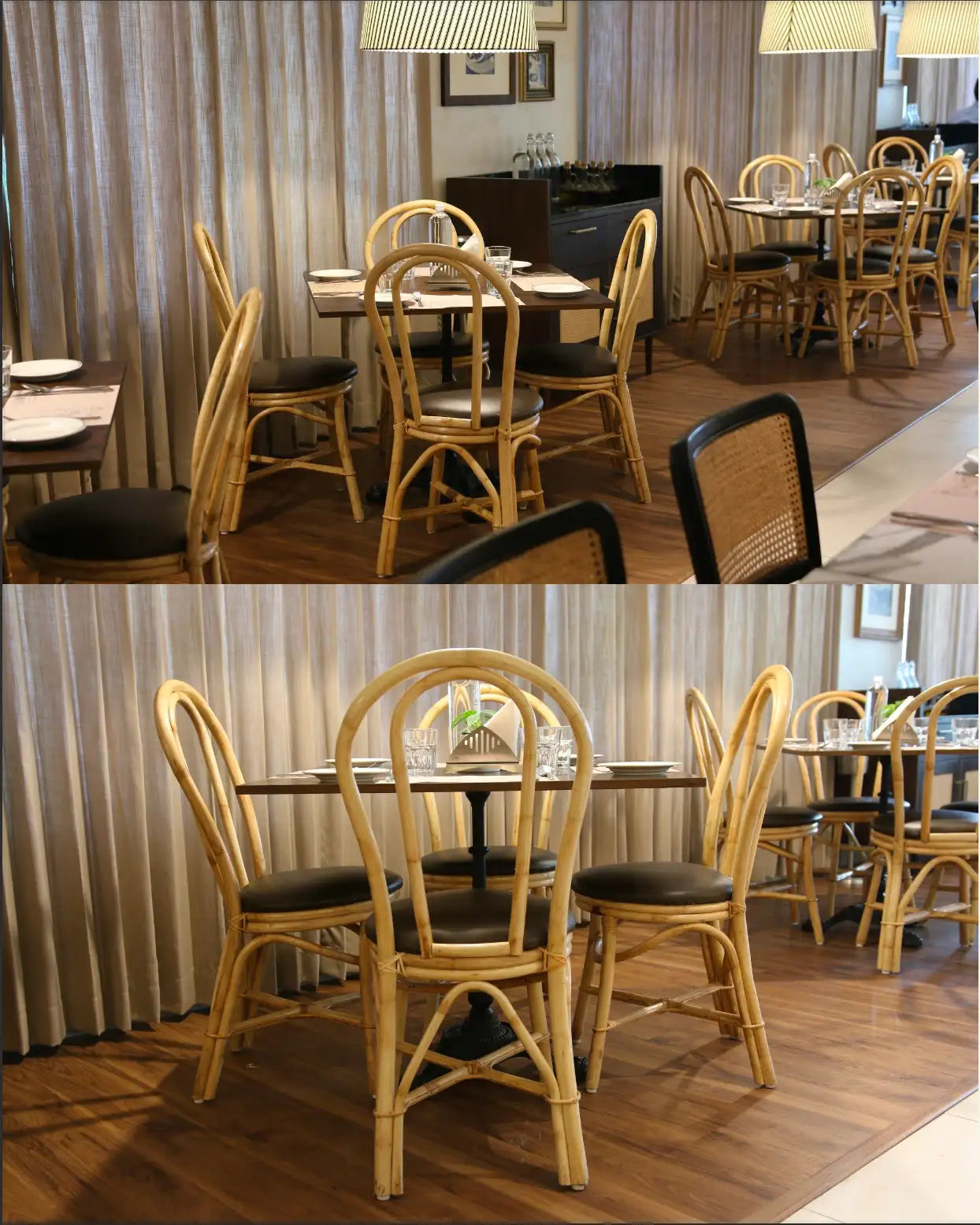Woven rattan dining chairs with dark upholstered seats.