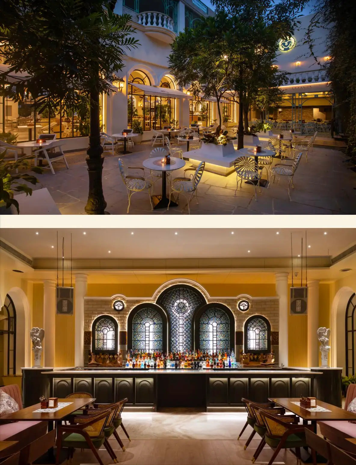 The image displays two distinct scenes: an outdoor courtyard with tables and chairs under warm lighting, and a well-lit bar area featuring arched stained-glass windows.
