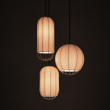Seri Cluster of 3 Pendant Lamps - Cocoon: H: 20’’ × W: 9’’ Bloom: H: 15’’ × W: 9’’ Orb: H: 14’’ × W: 12’’ / Fabric