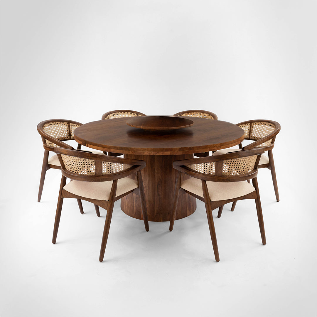 Sierra Dining Table No. 27 Set - Walnut / Acacia Wood / Table (Dia: 60’’H: 30’’) & Chairs (L: 20’’ B: 22’’ H: 31’’ SH: