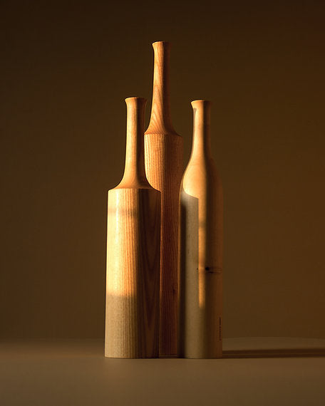 Sinuous V12 Set of 3 - light pale brown / White Ash wood / Biggest: Height: 16 in & Dia: 3 in& Smallest: Height: 14