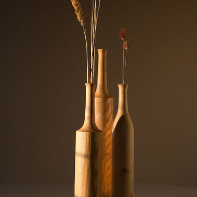 Sinuous V12 Set of 3 - light pale brown / White Ash wood / Biggest: Height: 16 in & Dia: 3 in& Smallest: Height: 14