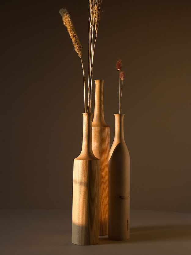 Sinuous V12 Set of 3 - light pale brown / White Ash wood / Biggest: Height: 16 in & Dia: 3 in& Smallest: Height: 14