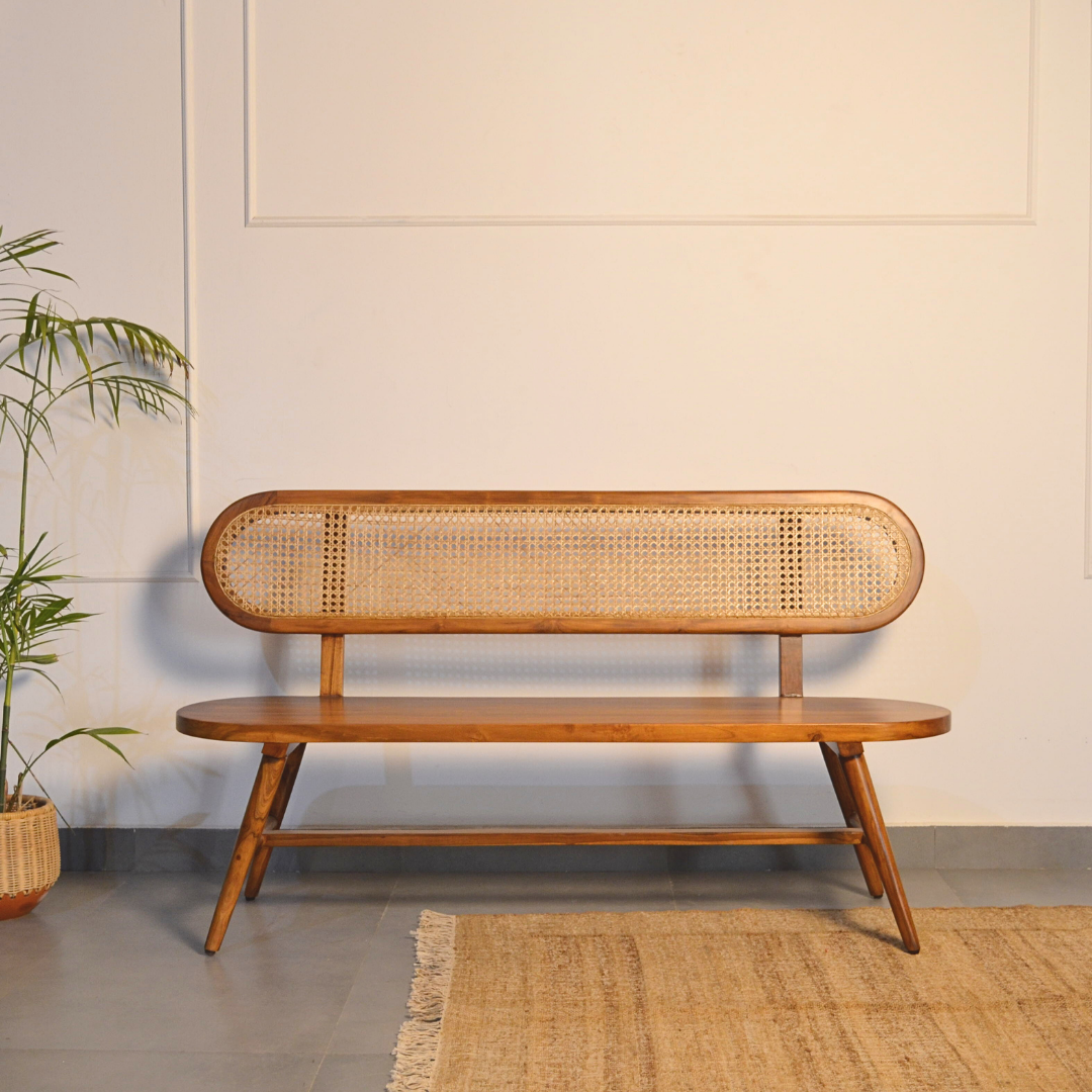 Solace cane Bench - Teak / Teakwood, cane / L: 60’’ W: 21’’ H: 34’’; Seat Height: 18’’ - Furniture