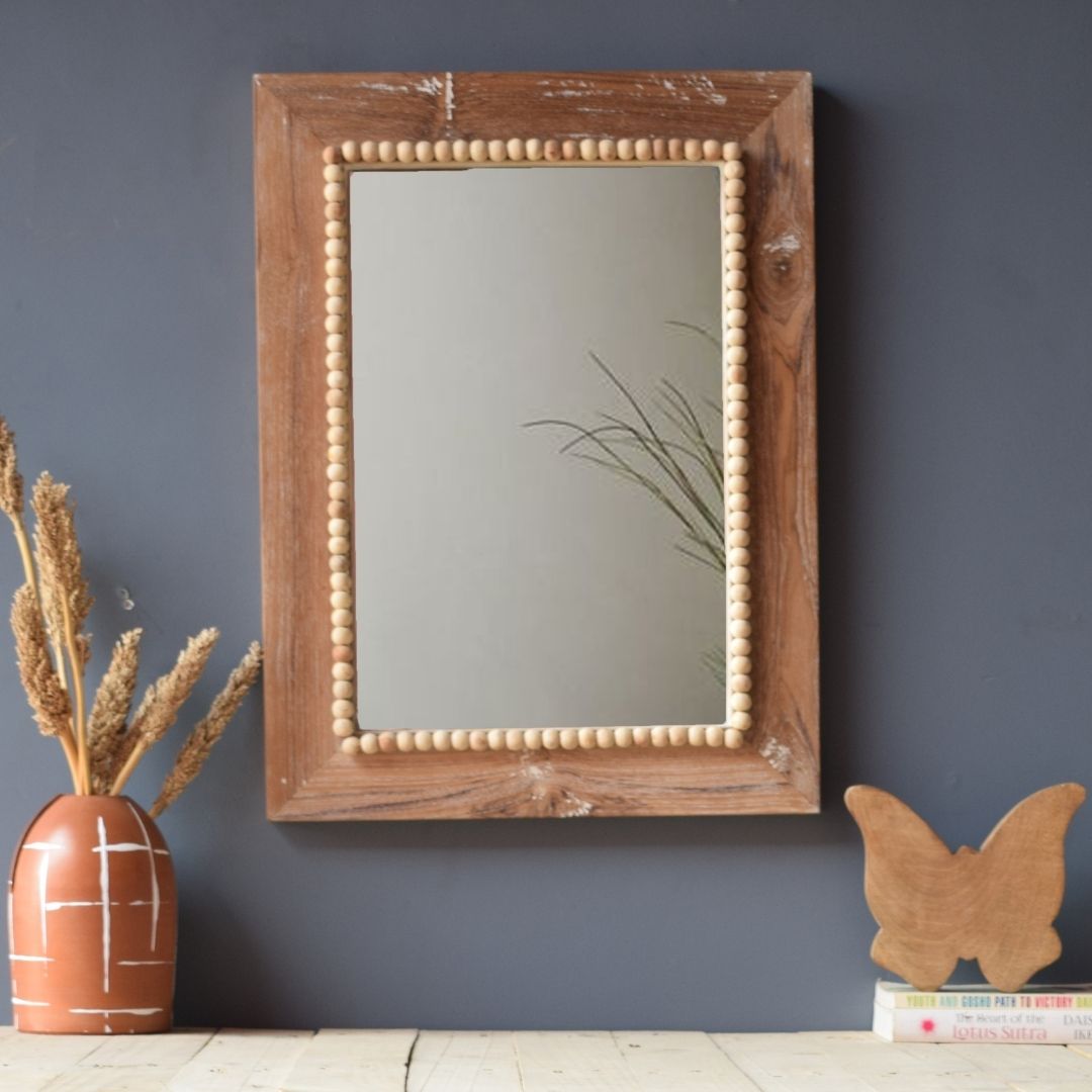Solid Wood Earthy Rectangle Wall Mirror - Neutral / Teak wood and mirror / L: 18’’ W: 1’’ H: 24’’ - Decor