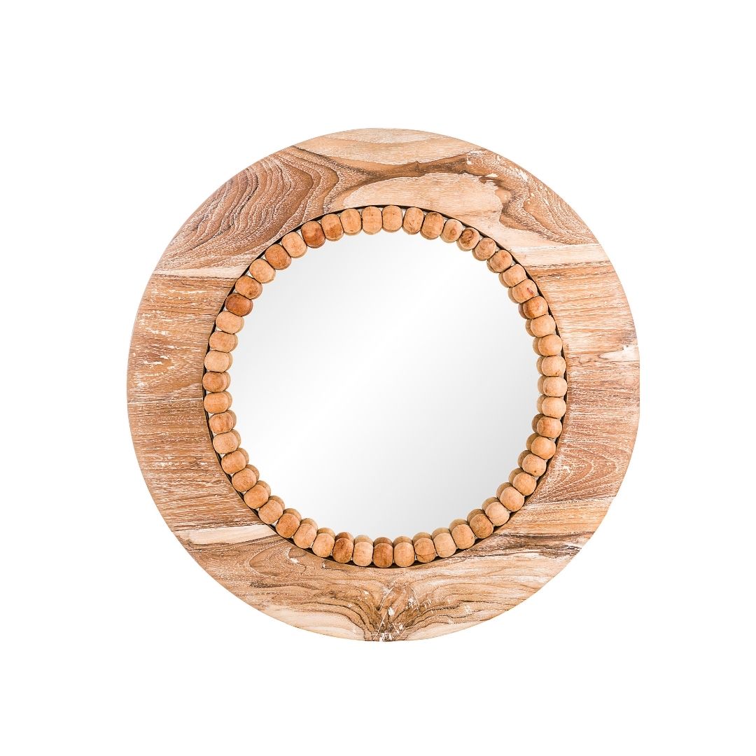 Solid Wood Earthy Round Wall Mirror - Neutral / Teak wood and mirror / D: 23’’ W: 1’’ - Decor