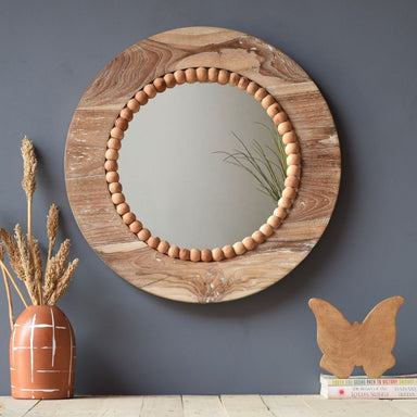 Solid Wood Earthy Round Wall Mirror - Neutral / Teak wood and mirror / D: 23’’ W: 1’’ - Decor