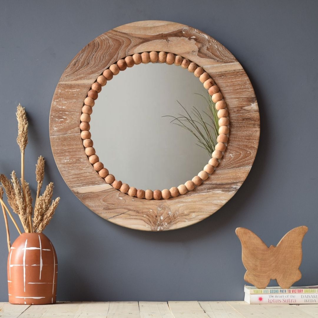 Solid Wood Earthy Round Wall Mirror - Neutral / Teak wood and mirror / D: 23’’ W: 1’’ - Decor