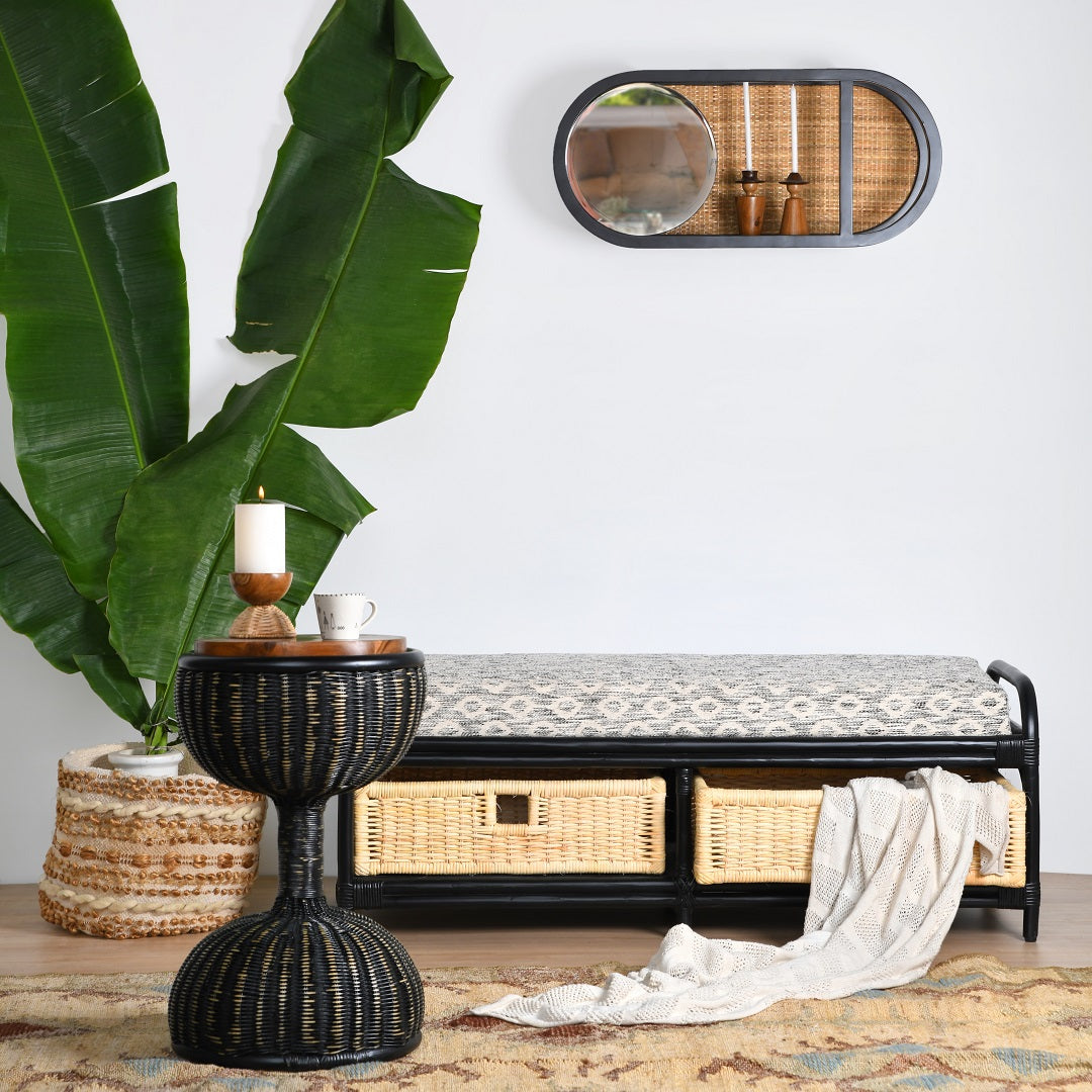 Spink Bamboo Storage Bench - Black / Bamboo / L: 50’’ W: 18’’ H: 19’’; Seat Height: 18’’; L: 23’’ B: 16’’ H: 8’’