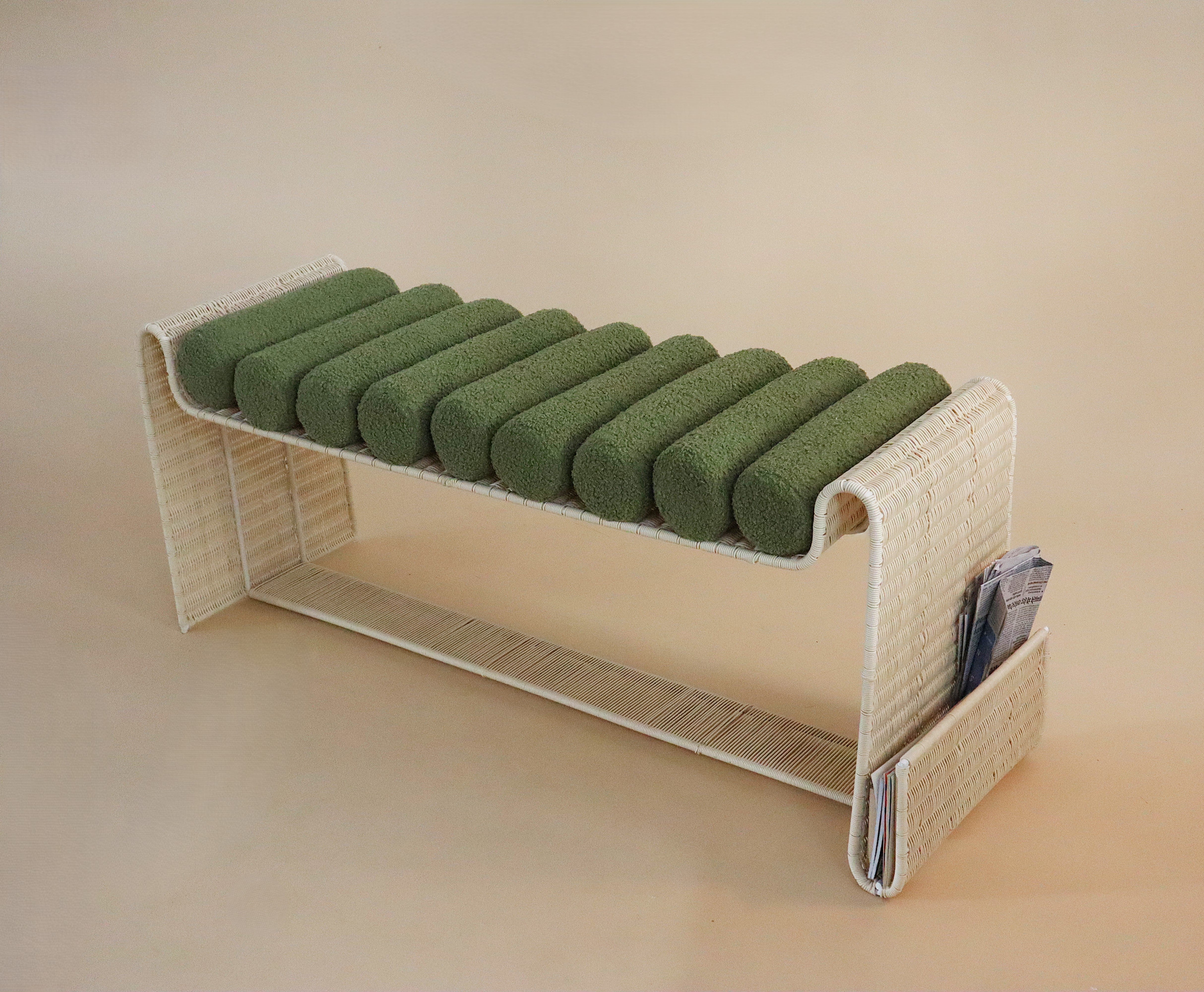Spool Bench - L 51’’ x W 16.5’’ x H 22’’ / Mild Steel, Artificial Wicker, Upholstery - Benches