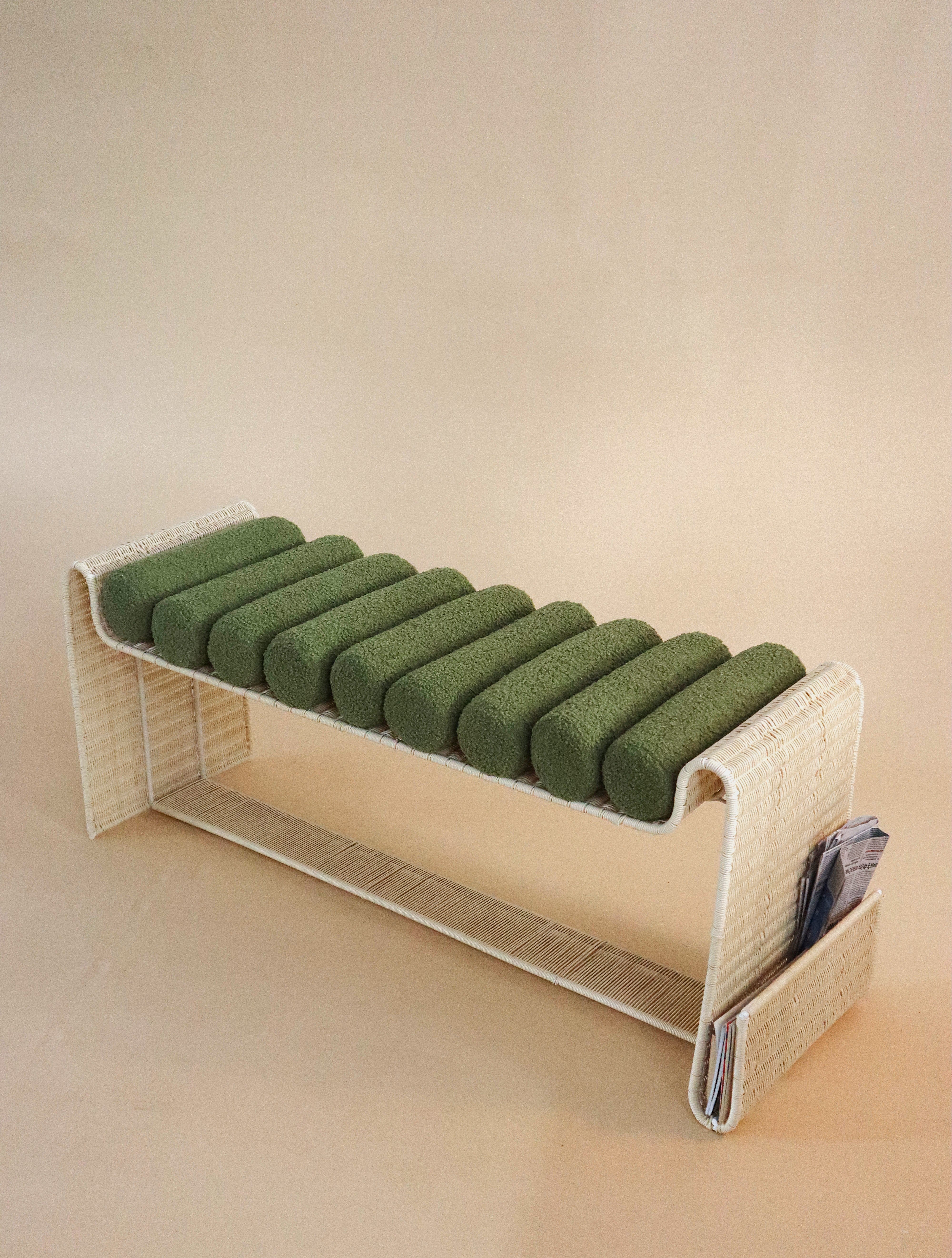 Spool Bench - L 51’’ x W 16.5’’ x H 22’’ / Mild Steel, Artificial Wicker, Upholstery - Benches