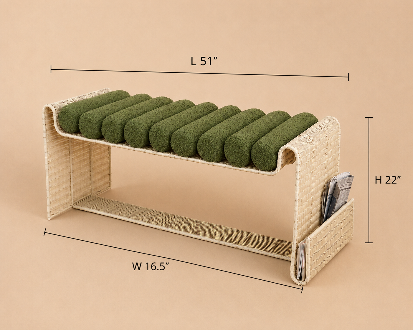 Spool Bench - L 51’’ x W 16.5’’ x H 22’’ / Mild Steel, Artificial Wicker, Upholstery - Furniture