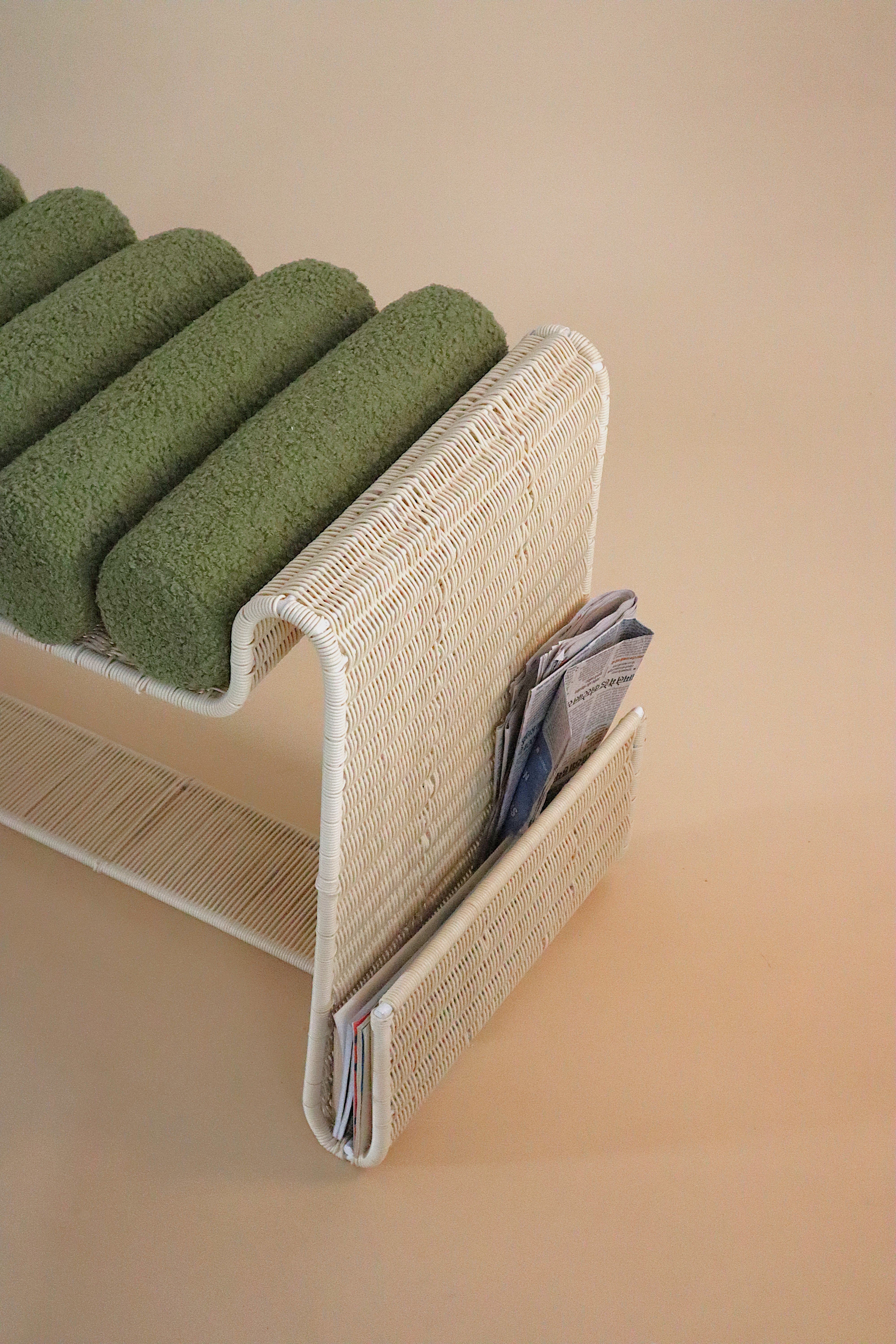 Spool Bench - L 51’’ x W 16.5’’ x H 22’’ / Mild Steel, Artificial Wicker, Upholstery - Benches