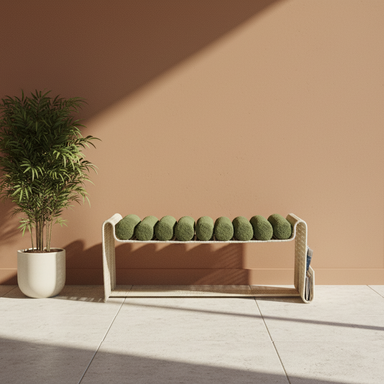 Spool Bench - L 51’’ x W 16.5’’ x H 22’’ / Mild Steel, Artificial Wicker, Upholstery - Benches