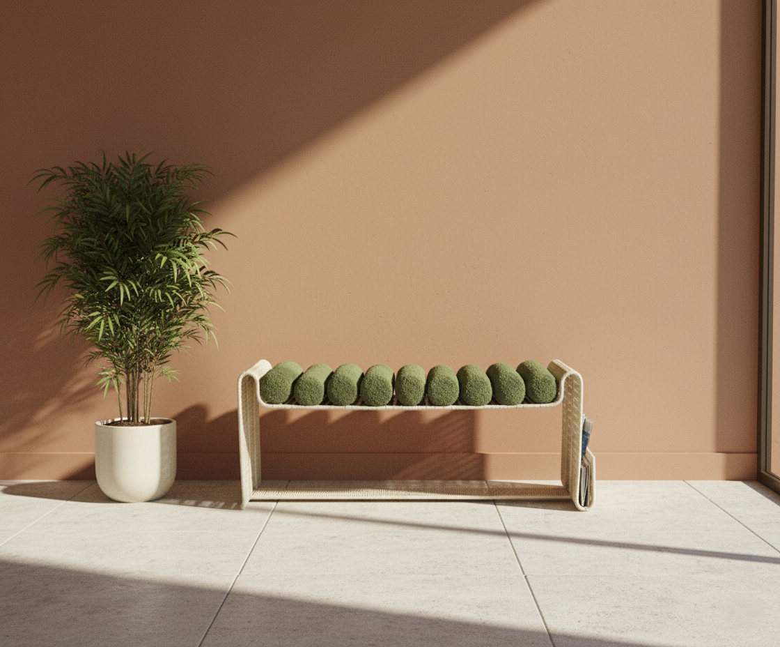 Spool Bench - L 51’’ x W 16.5’’ x H 22’’ / Mild Steel, Artificial Wicker, Upholstery - Benches