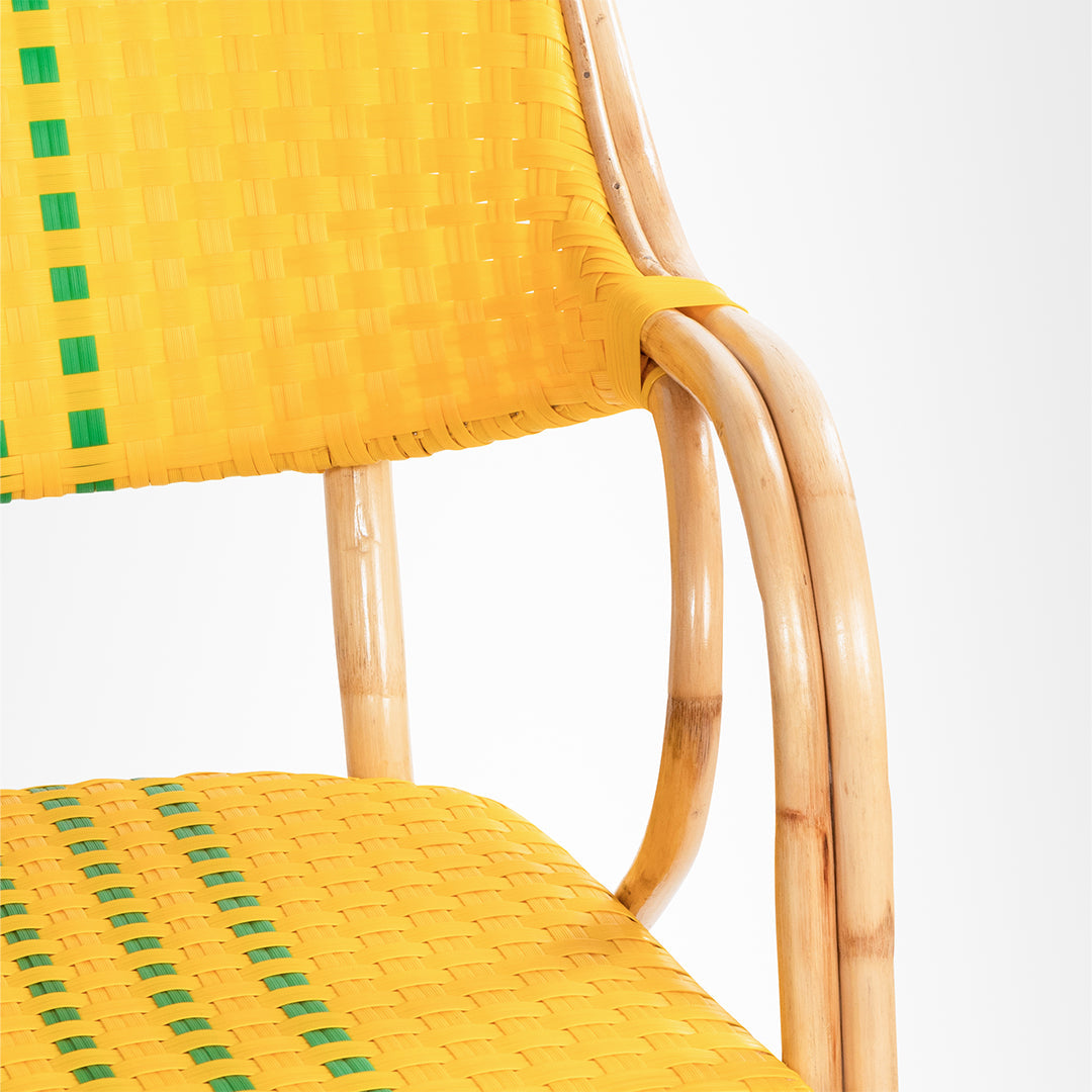 T Popsicle Cane Chair With Armrest - W: 24’’ D: 20’’ H: 35’’ SH: 18’’ / Yellow and Dark Green / Cane Frame and PVC