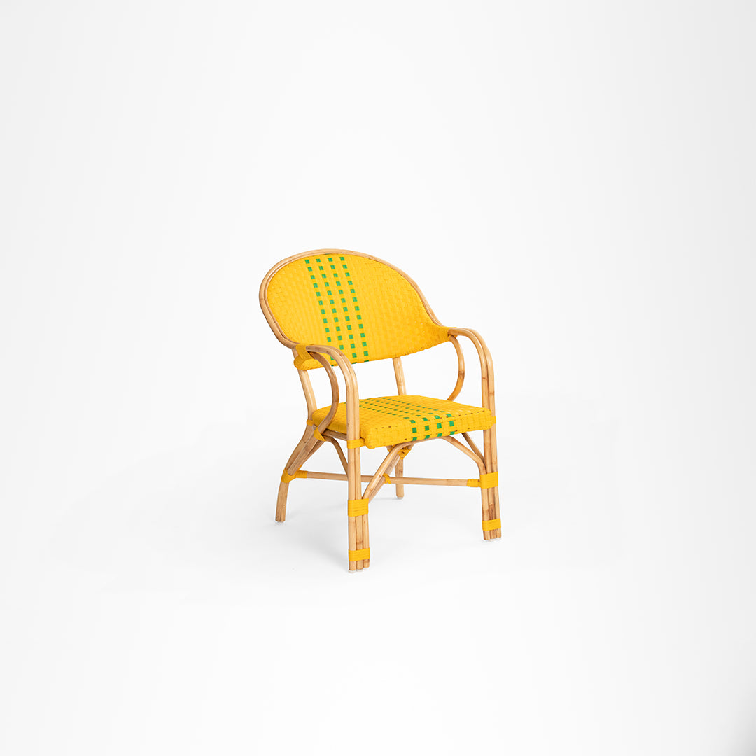 T Popsicle Cane Chair With Armrest - W: 24’’ D: 20’’ H: 35’’ SH: 18’’ / Yellow and Dark Green / Cane Frame and PVC
