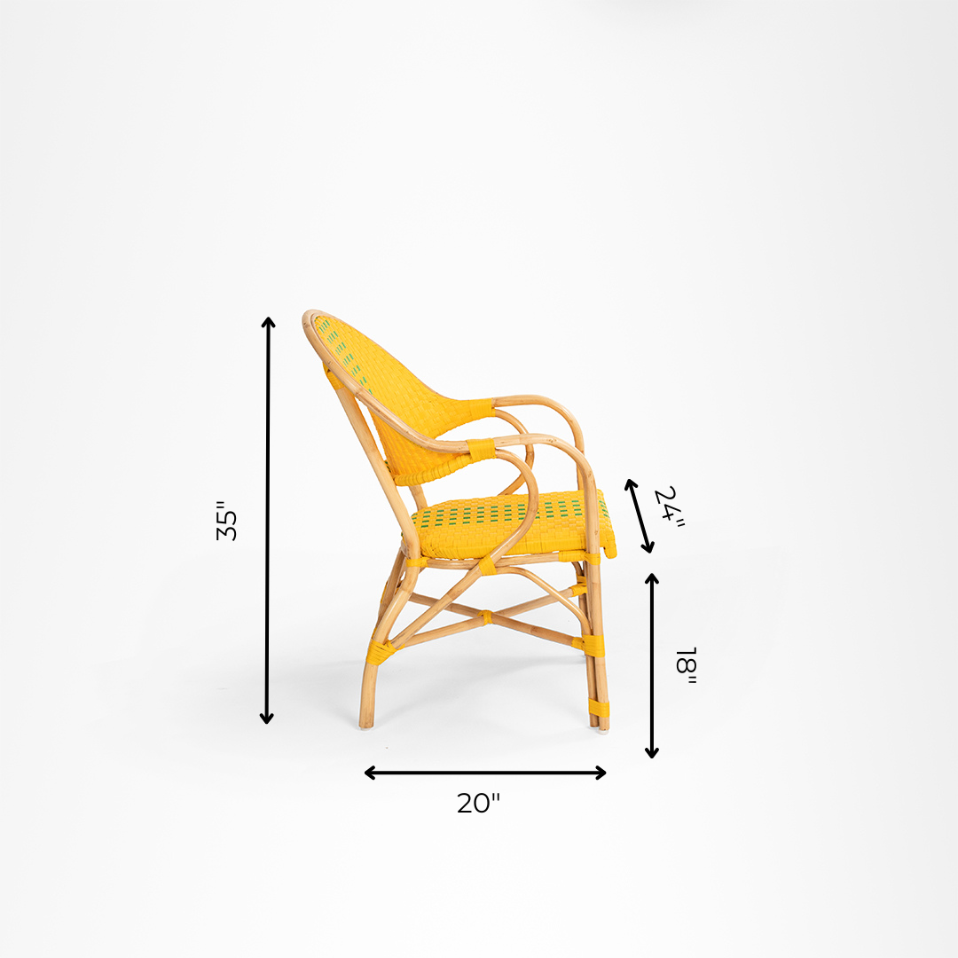T Popsicle Cane Chair With Armrest - W: 24’’ D: 20’’ H: 35’’ SH: 18’’ / Yellow and Dark Green / Cane Frame and PVC