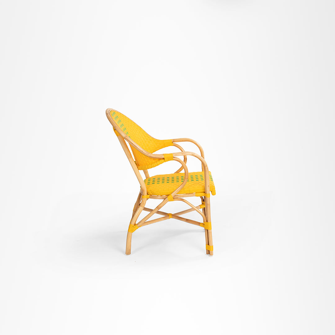 T Popsicle Cane Chair With Armrest - W: 24’’ D: 20’’ H: 35’’ SH: 18’’ / Yellow and Dark Green / Cane Frame and PVC