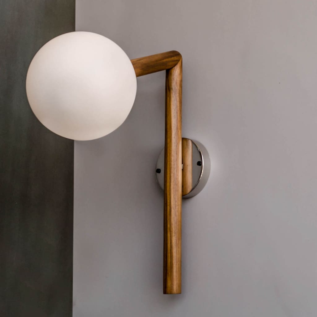 Teak Wood Wall Sconce Frosted Glass Fixture