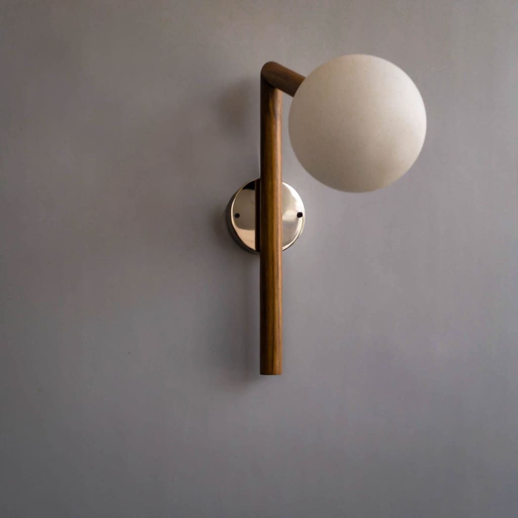 Teak Wood Wall Sconce Frosted Glass Fixture