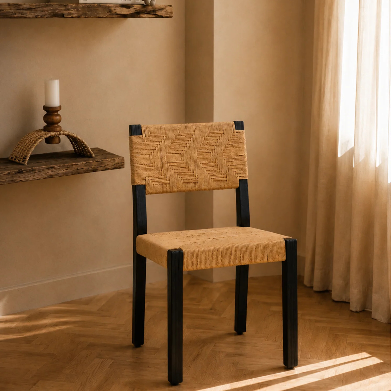 Tessa Dining Chair - Black / Teakwood, jute / W: 18’’ D: 21’’ H: 35’’; Seating Height: 18’’ - Furniture