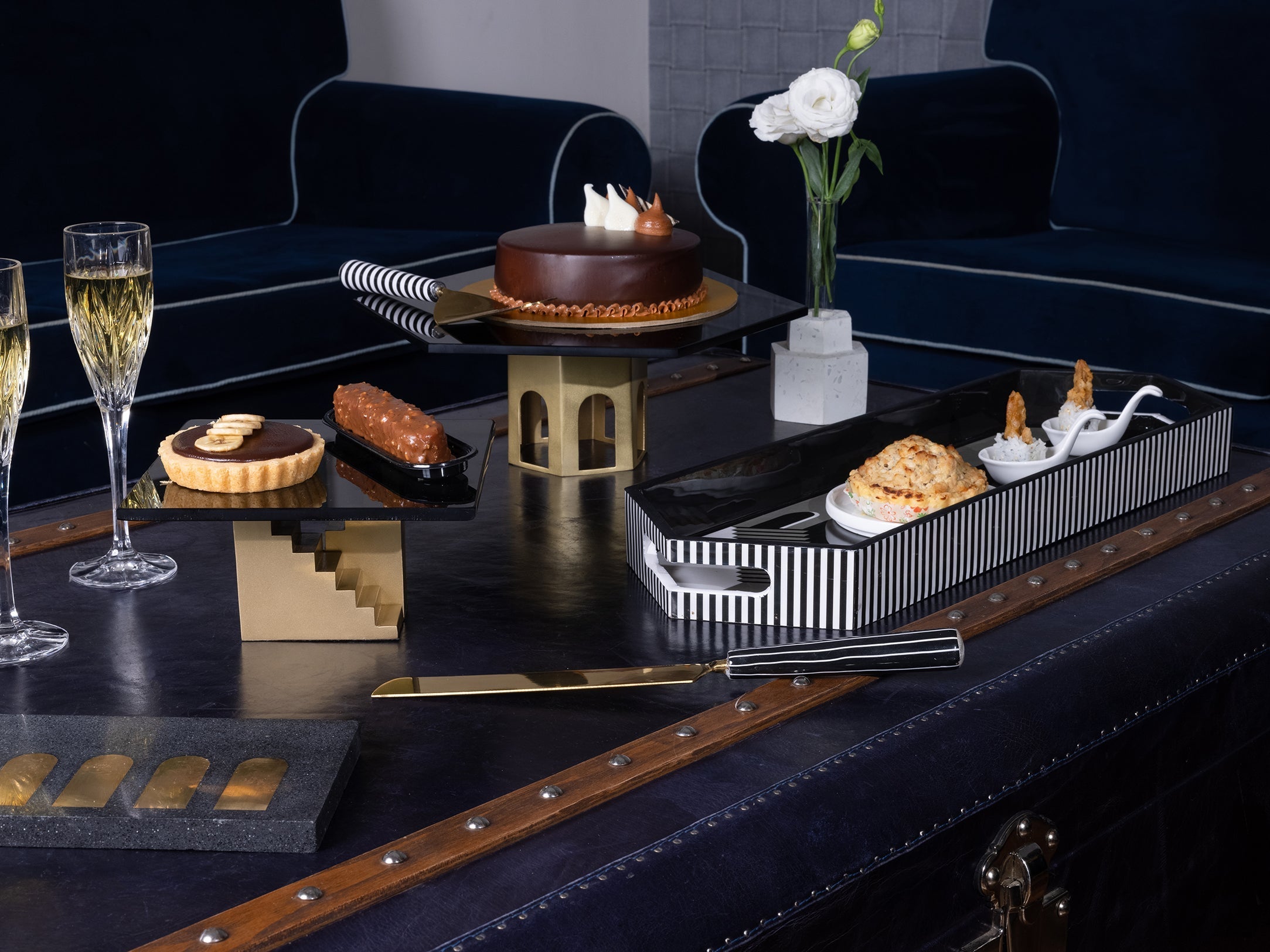 The Pavilion - Gold & Black / Brushed Brass Base, Toughened Glass Top / 14in X 5in - Decor