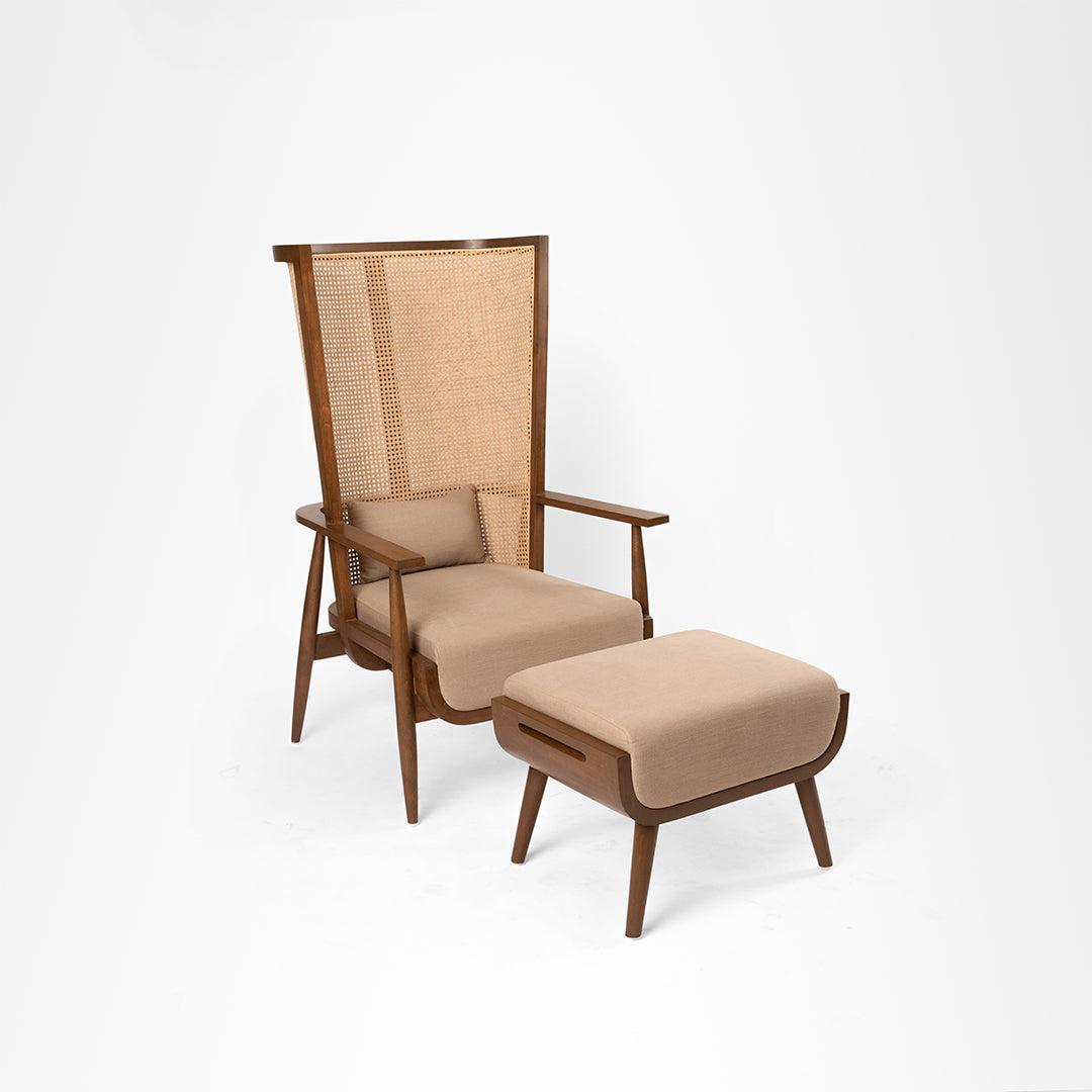 The Sierra Lounge Chair - W: 30 ’ D: 26’’ H: 52’’ SH: 18’’ and FootStool- W: 24’’ D: 17’’ H: 18’’ / Light Walnut / Teak