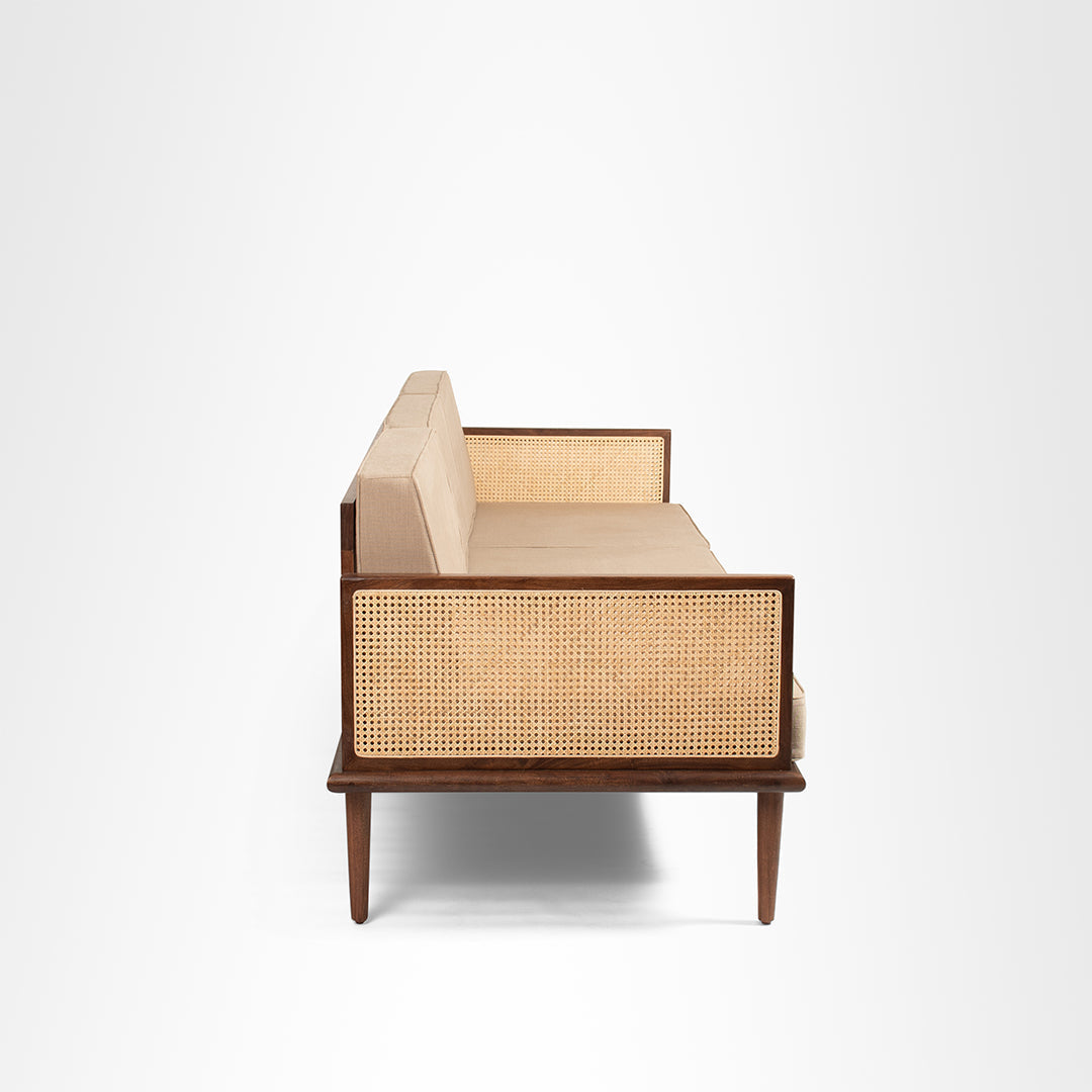 The Sierra Sofa - W: 72 ’ D: 34’’ H: 33’’ SH: 17’’ / Brown Frame/Beige Fabric / Acacia Wood, Cane Weaving
