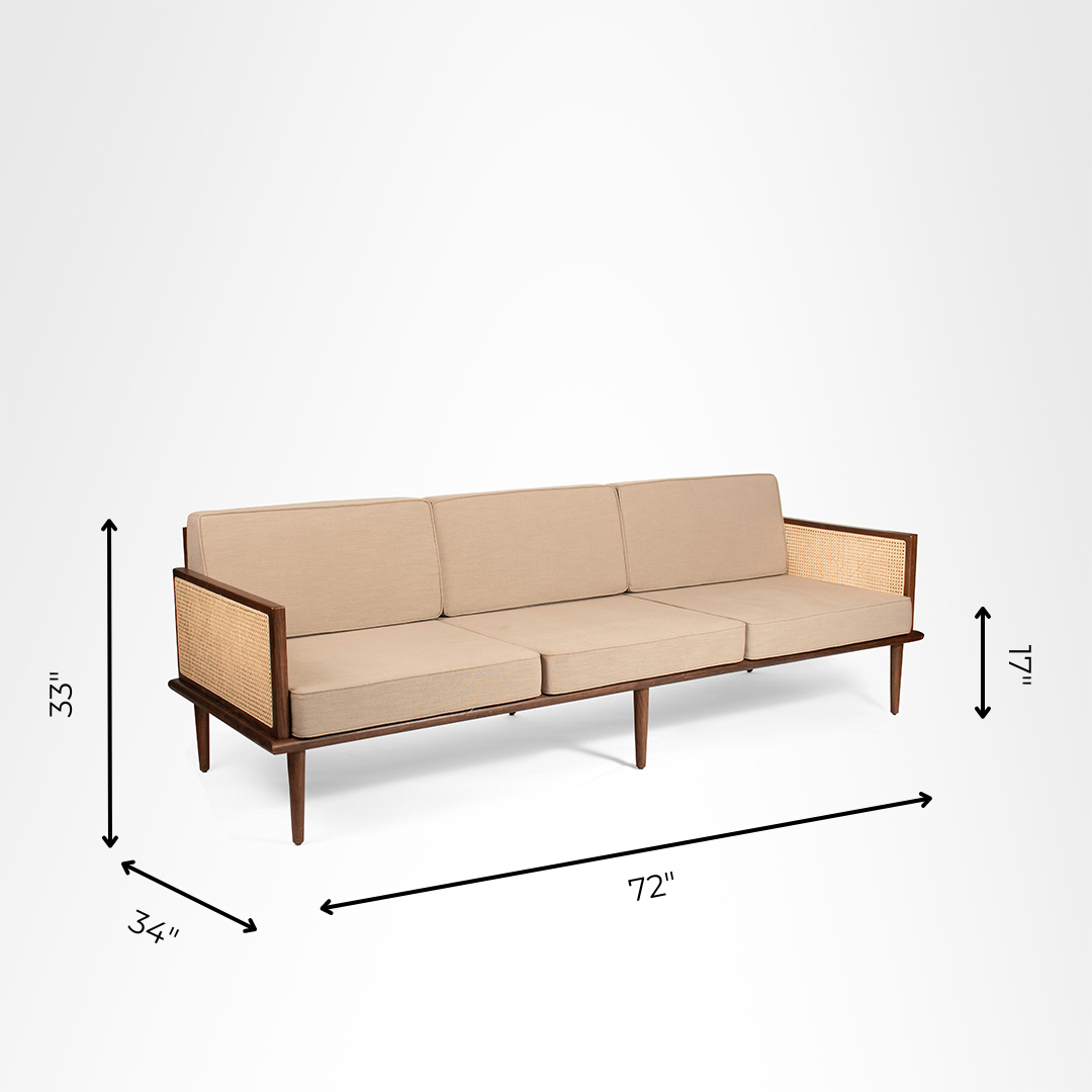 The Sierra Sofa - W: 72 ’ D: 34’’ H: 33’’ SH: 17’’ / Brown Frame/Beige Fabric / Acacia Wood, Cane Weaving