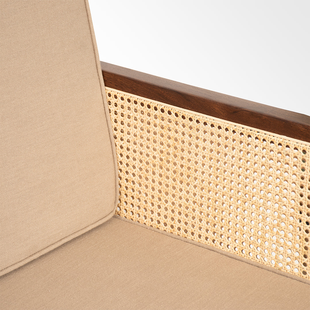 The Sierra Sofa - W: 72 ’ D: 34’’ H: 33’’ SH: 17’’ / Brown Frame/Beige Fabric / Acacia Wood, Cane Weaving