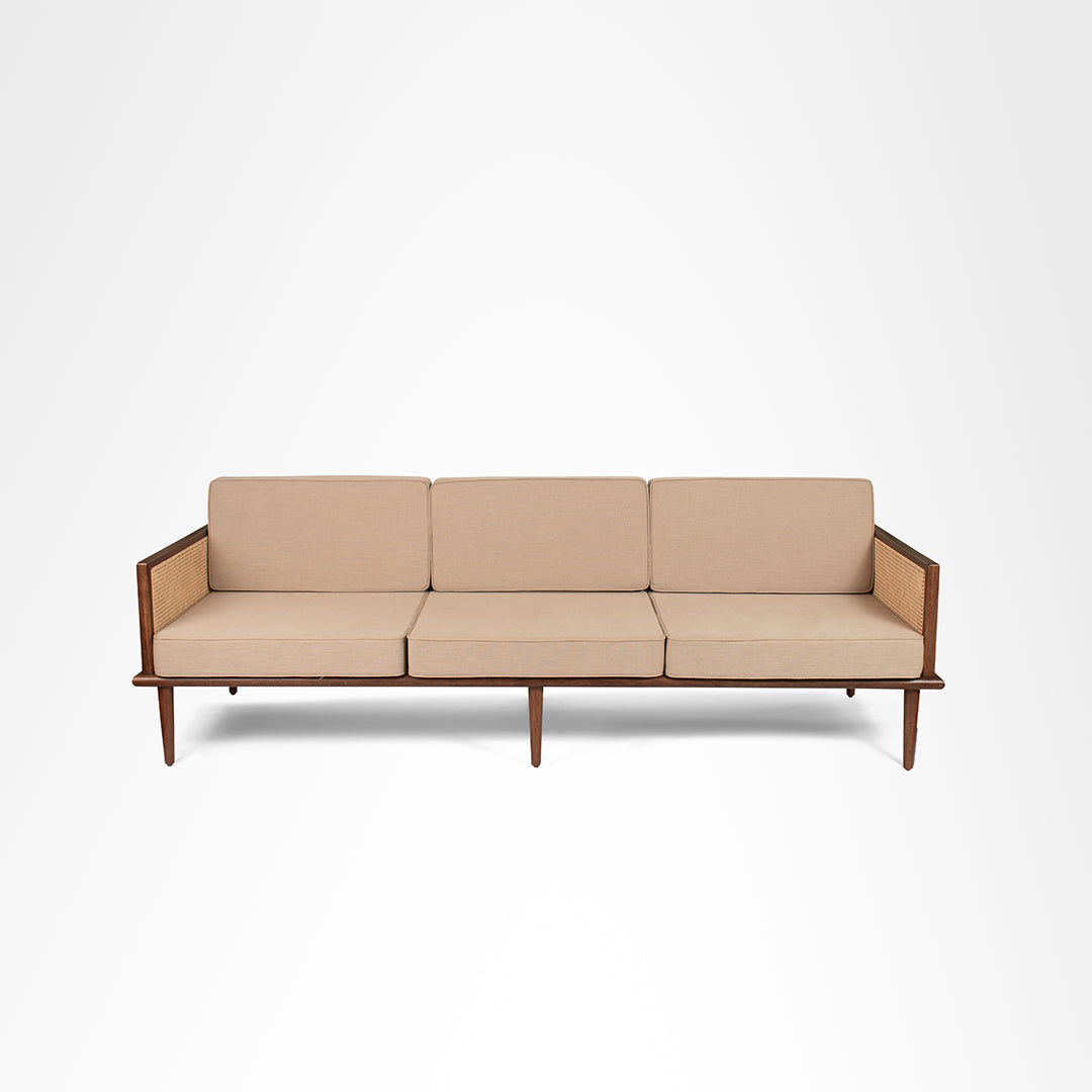 The Sierra Sofa - W: 72 ’ D: 34’’ H: 33’’ SH: 17’’ / Brown Frame/Beige Fabric / Acacia Wood, Cane Weaving