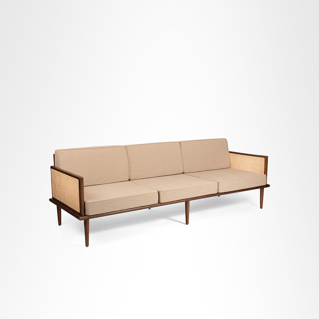 The Sierra Sofa - W: 72 ’ D: 34’’ H: 33’’ SH: 17’’ / Brown Frame/Beige Fabric / Acacia Wood, Cane Weaving