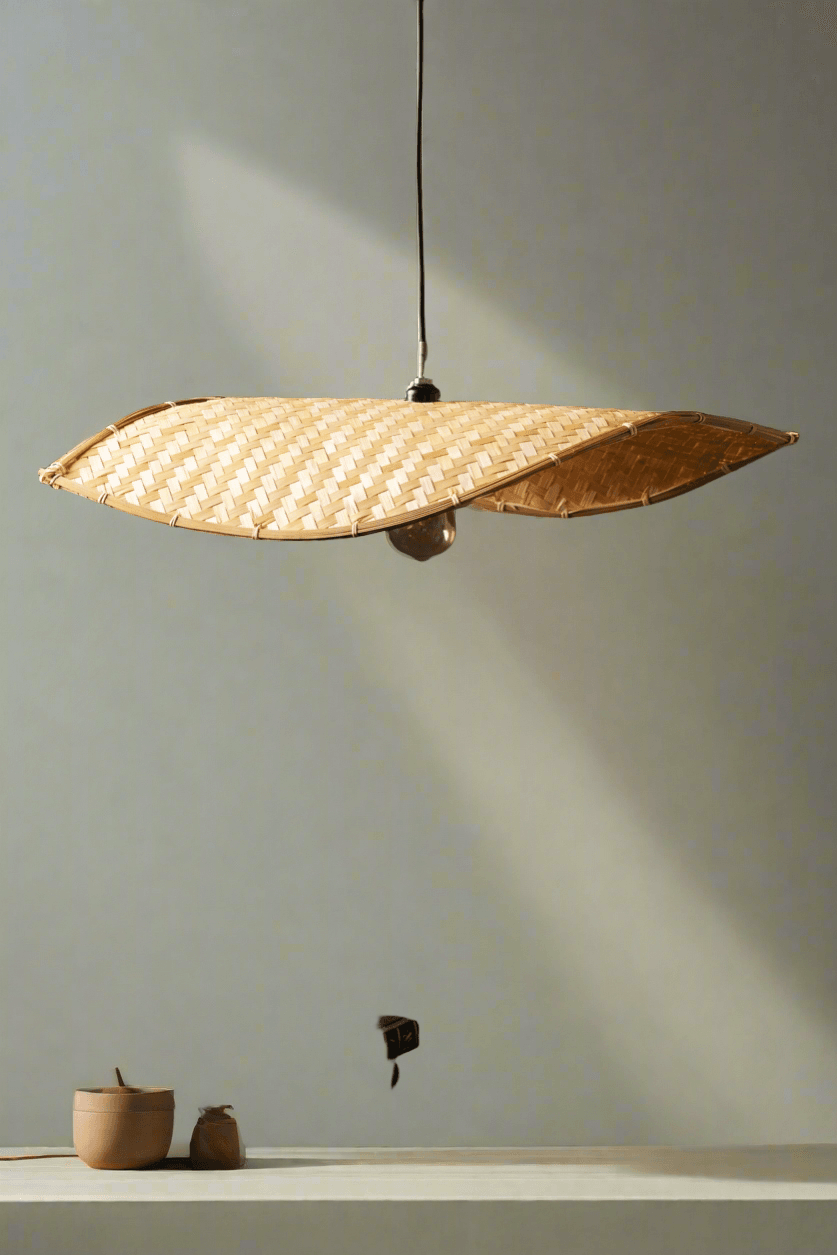 Thin wavy bamboo hanging lampshade handcrafted with elegant curved weaving, offering a warm ambient glow and a modern eco-friendly décor aesthetic.
