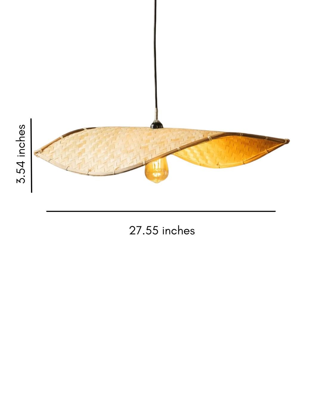 Thin wavy bamboo hanging lampshade handcrafted with elegant curved weaving, offering a warm ambient glow and a modern eco-friendly décor aesthetic.