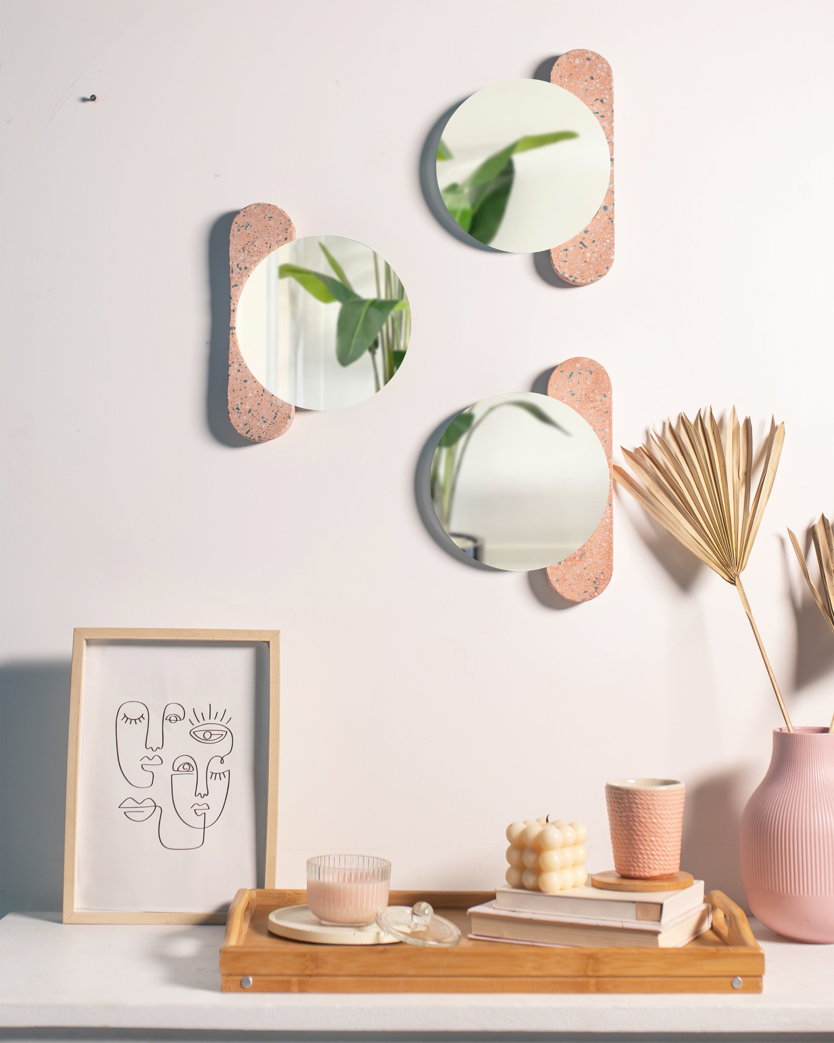 Tic Tac Mirrors - Terrazzo sea blue & white chips on Peach base / L: 30.0cm x B: 20.0cm x H: 2.4cm / Terrazzo - Stone
