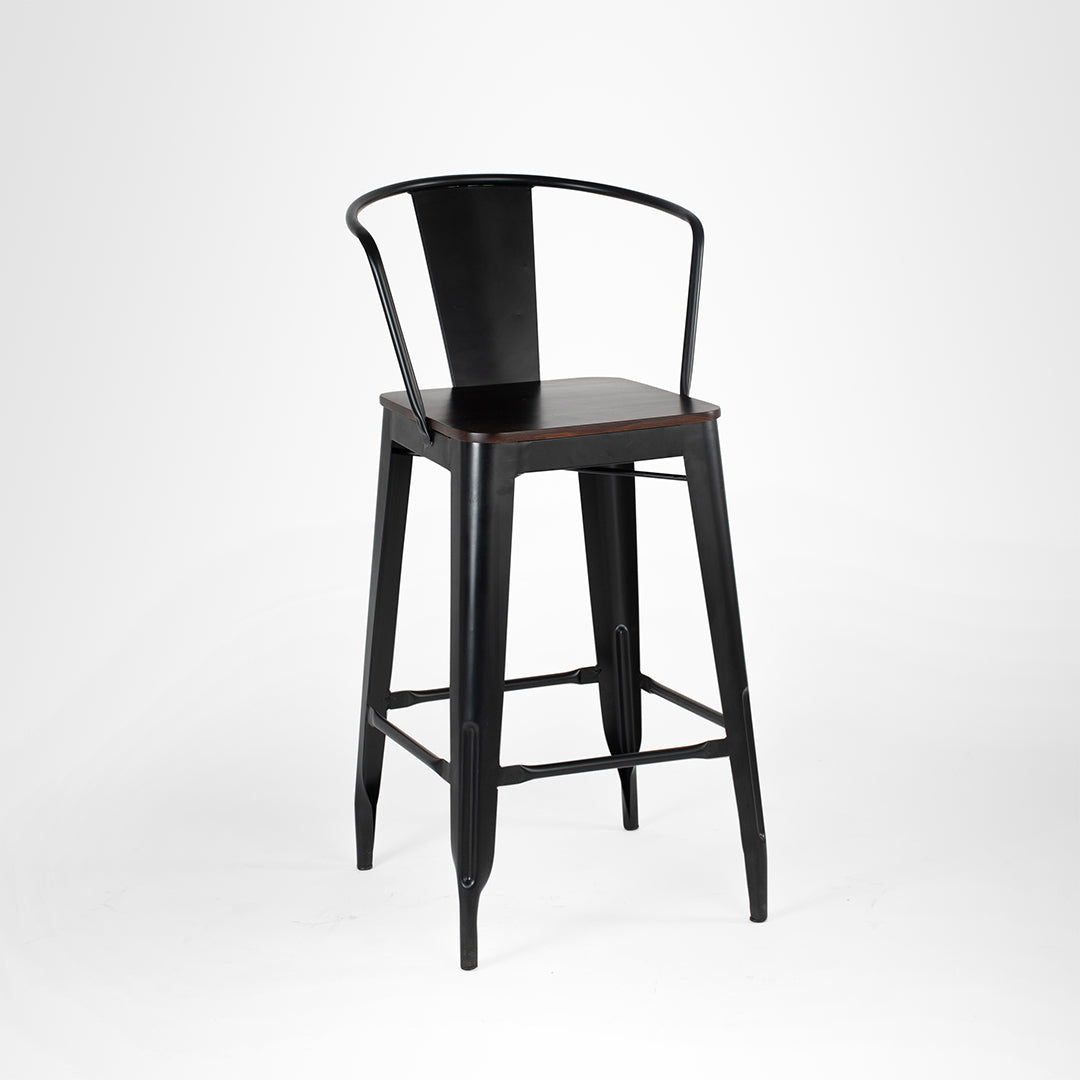Tolix Bar Chair With Armrest - W: 12’’ D: 13’’ SH: 30’’ TH: 42’’ / Matte Black / Mild Steel and Mango Wood - Outdoor