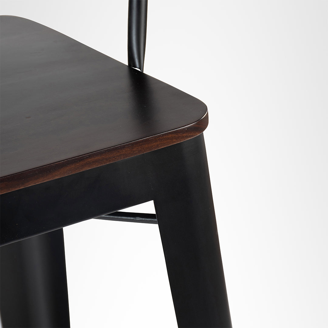 Tolix Bar Chair With Armrest - W: 12’’ D: 13’’ SH: 30’’ TH: 42’’ / Matte Black / Mild Steel and Mango Wood - Outdoor