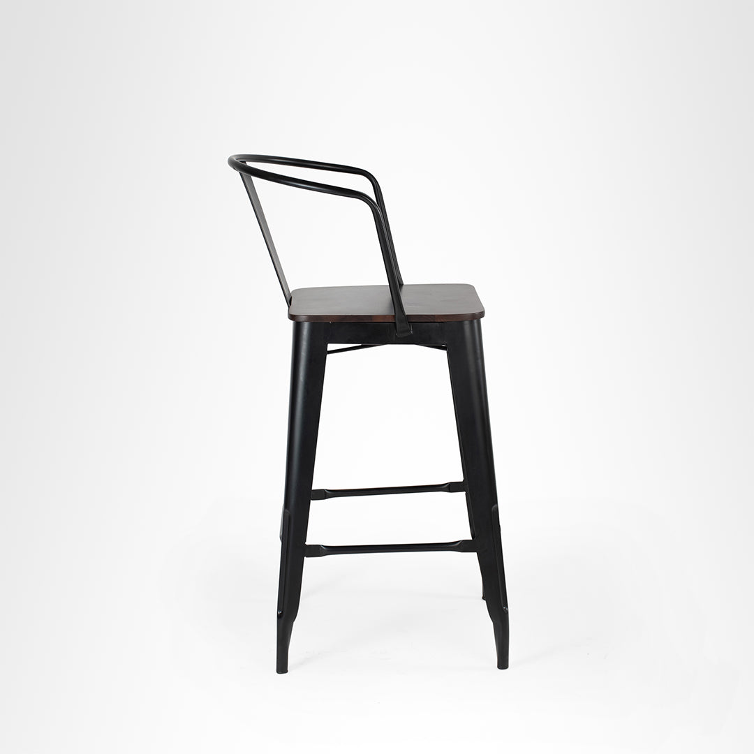Tolix Bar Chair With Armrest - W: 12’’ D: 13’’ SH: 30’’ TH: 42’’ / Matte Black / Mild Steel and Mango Wood - Outdoor
