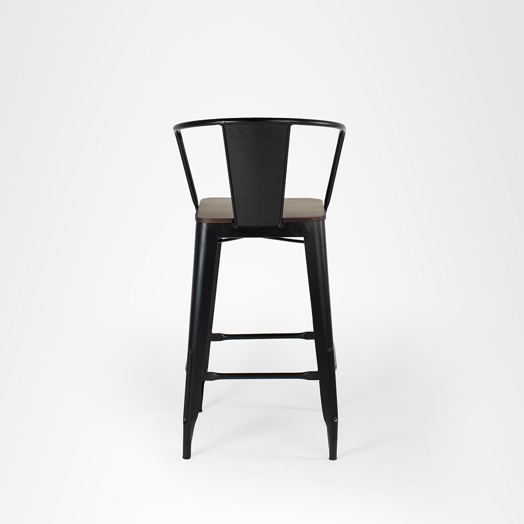 Tolix Bar Chair With Armrest - W: 12’’ D: 13’’ SH: 30’’ TH: 42’’ / Matte Black / Mild Steel and Mango Wood - Outdoor