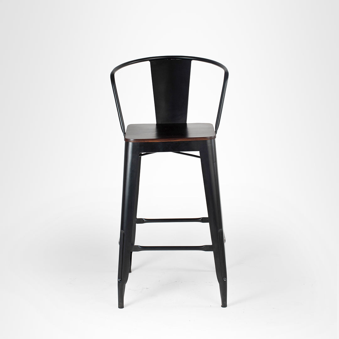 Tolix Bar Chair With Armrest - W: 12’’ D: 13’’ SH: 30’’ TH: 42’’ / Matte Black / Mild Steel and Mango Wood - Outdoor