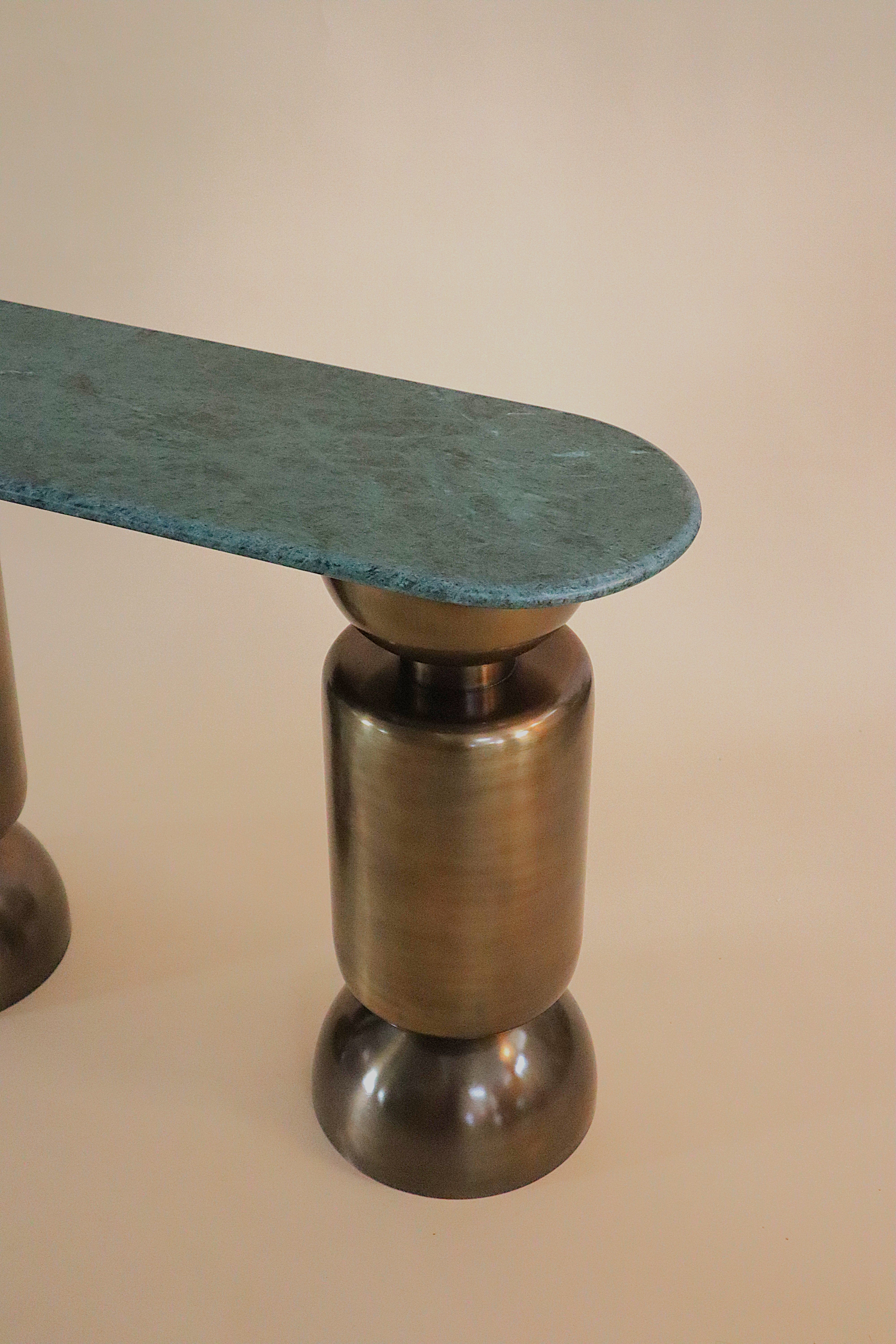 Totem Console Table - L 40’’x W 13’’ x H 28’’ / Material: Mild Steel, Antique Brush Brass plating, Udaipur Green Marble
